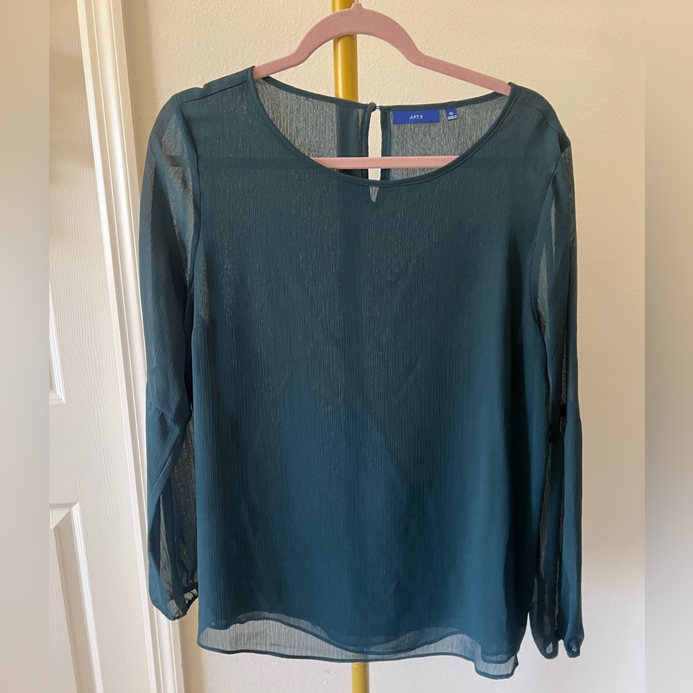 Apt. 9 Teal Long Sleeve Sheer Blouse Women XL EUC
